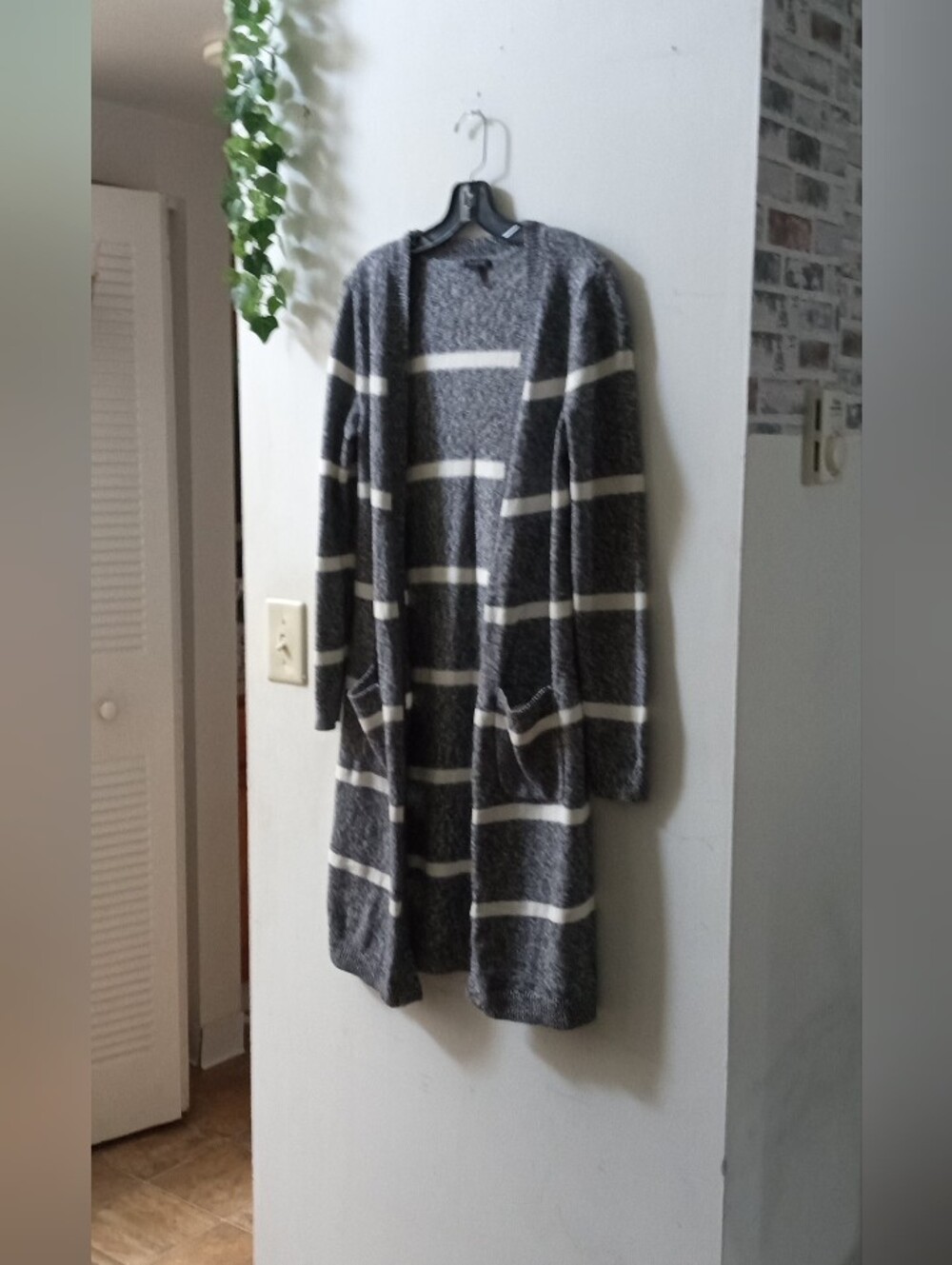 Talbots Gray and White Striped Open-Front Cardigan